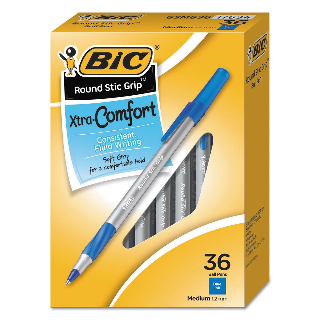 BIC Round Stic Grip Xtra Life Ball Pen, Medium Point (1.2mm), Blue, 36-Count