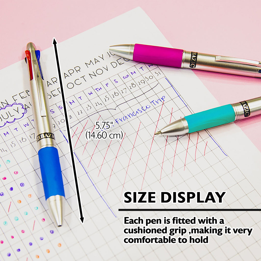 BAZIC Ballpoint 4-Color Retractable Pen Soft Grip, 1.0mm, (2/Pack), 4-Pack