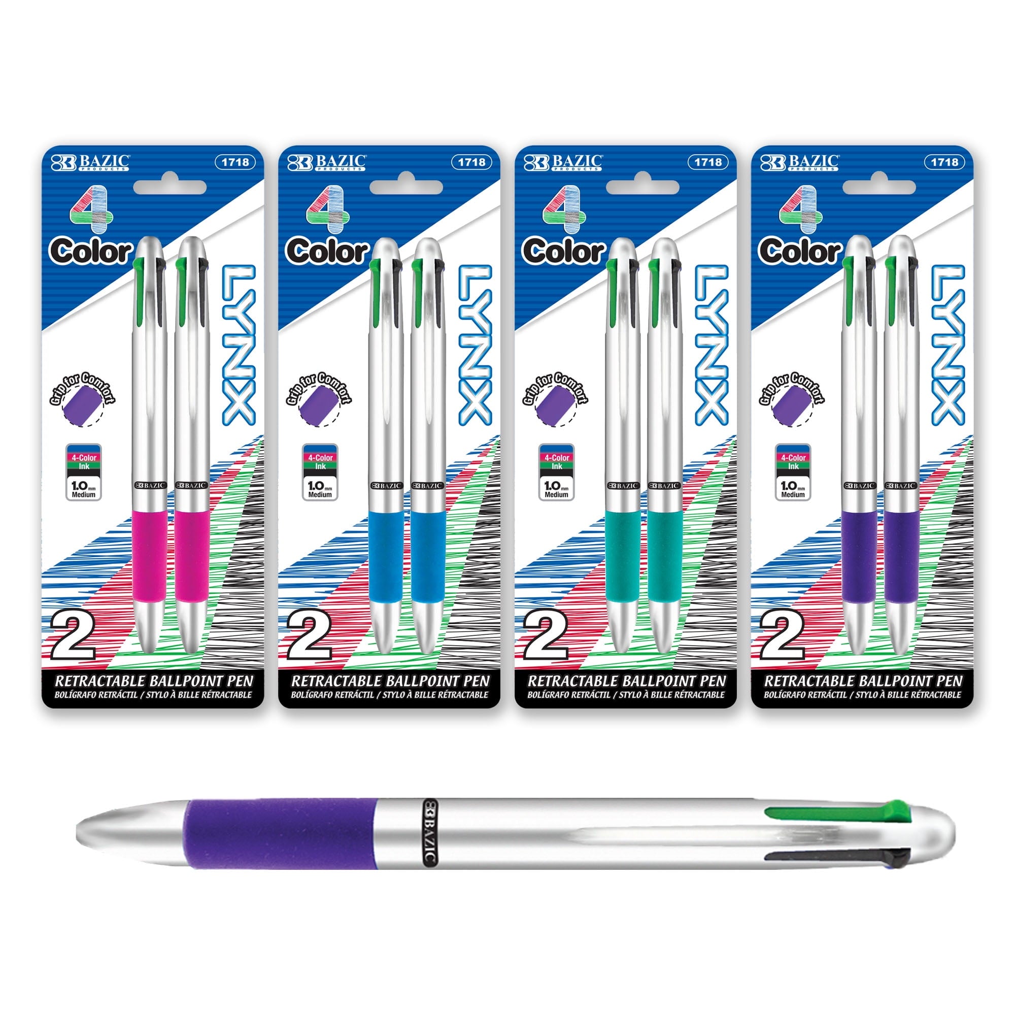 BAZIC Ballpoint 4-Color Retractable Pen Soft Grip, 1.0mm, (2/Pack), 4-Pack