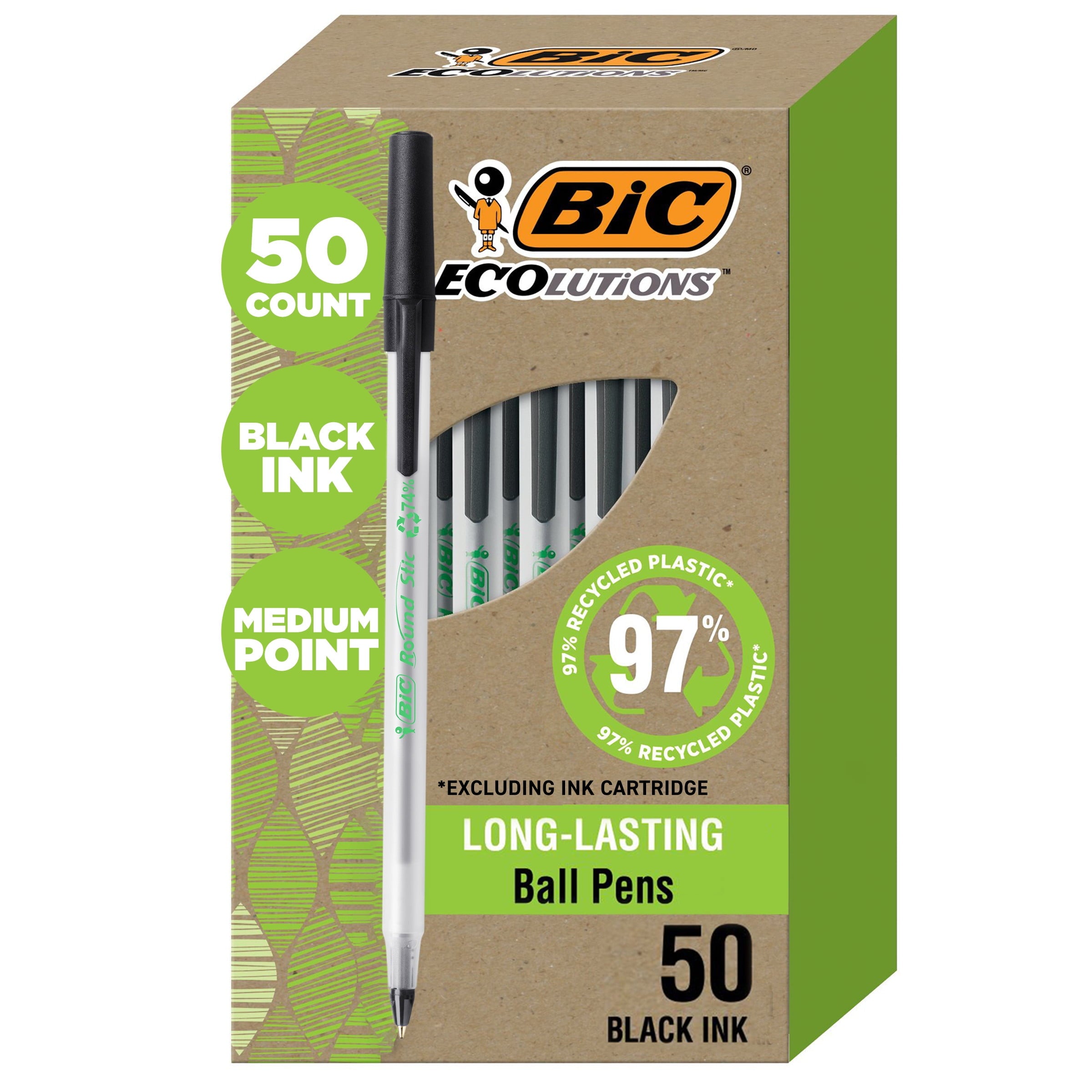 BIC Ecolutions Round Stic Ball Point Pen, Black, 1.0mm Medium Point, 50 Pack