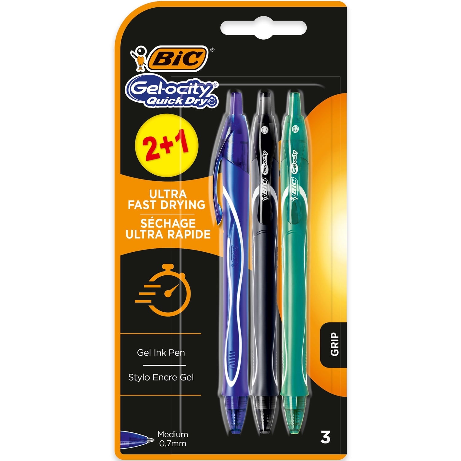 BIC Gel-ocity Quick Dry Gel Ink Rollerball Pens - 0.7mm Nib - Black, Blue, and Seagreen