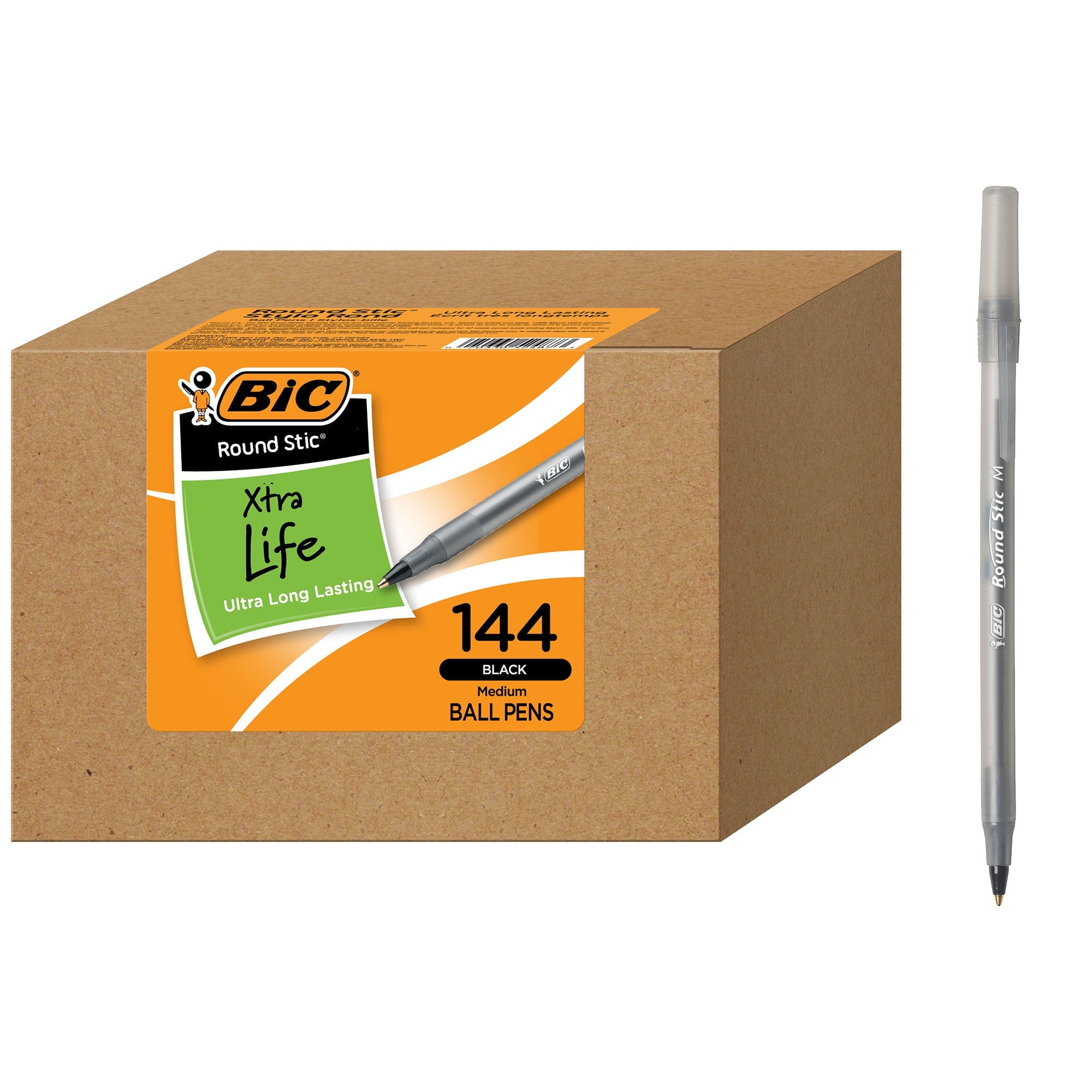 BIC Round Stic Xtra Life Ballpoint Pen, Medium Point, 1.00 mm, Black Ink, 144 Count